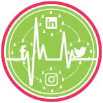 GoFish! Branded Services Icon - Social Media Clinic - White background, circle in shape. Pink ring frames the logo, encompassing a smaller green ring, and within the green ring there is a green circle. In the very centre of the circle, running across the entire icon, there is a white EKG-style line. The EKG-style line is superimposed over another circle, this one made of a white dashed lines, which is broken at the top, bottom, left and right, where four other circles appear. Those smaller circles are composed of dashed white lines connecting white generic people figures, signifying the internet. Within each of the smaller circles there are white logos for the following social networks: Top - LinkedIn; Right - Twitter; Bottom - Instagram; Left - Facebook