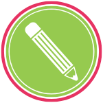 GoFish! Branded Services Icon - Grant Writing - White background, circle in shape. A pink ring frames the logo, encompassing a smaller green ring, and within the green ring there is a green circle. In the centre circle there is a simple pencil icon. The pencil is composed of white lines. It is horizontal across the circle, with the eraser in the top left and the lead of the pencil in the lower right of the circle.