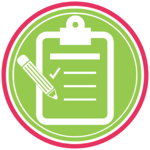 GoFish! Featured Tools Icon - A green circle and ring inside of a pink outer ring. Inside the circle is a white icon of a clipboard with one of three listed items checked off. To the left of the board is a white pencil icon, poised as if writing on the sheet.